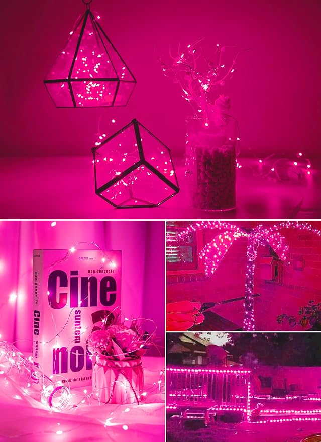 Pink USB Fairy Lights Plug in, 33Feet 100 LEDs Twinkle String Lights with Remote and Timer, Waterproof 8 Modes for Bedroom Indoor Wreath DIY Wedding Christmas Valentine's Day Decoration