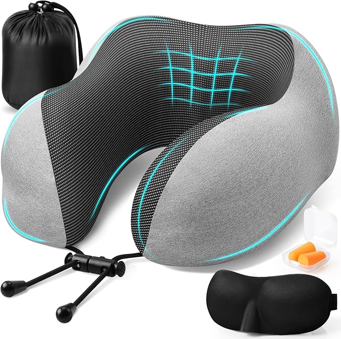 Travel Pillow, Travel Pillows for Sleeping Airplane, Neck Pillow Airplane, Memory Foam Neck Pillow Set with Eye Mask, Earplugs and Storage Bag -Light Grey