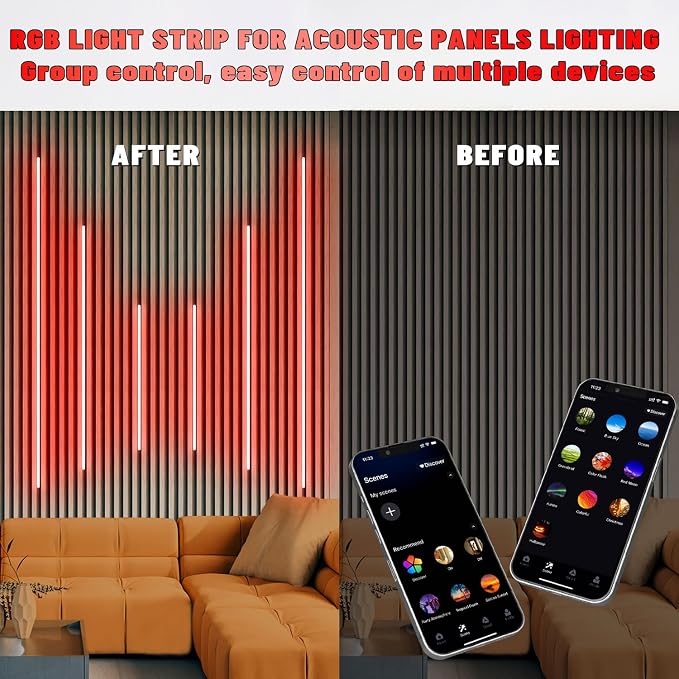 Lichaser RGB Black LED Strip Light for Wood Slat Wall Panel, 6 Pcs WiFi Smart Recessed Lighting for Acoustic Panel Compatible with Alexa, Self-Adhesive Smart LED for Slat Wall (2*24+2*16+2*13 in)