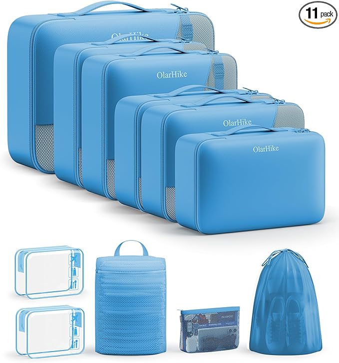 11 Set Packing Cubes for Travel, Gifts for Women Mom Kids, TSA Approved Bags for Makeup, Cosmetic,Toiletry, Suitcase Organizers for Checked Luggage, Cruise Essentials, Airplane Accessories, Azure Blue