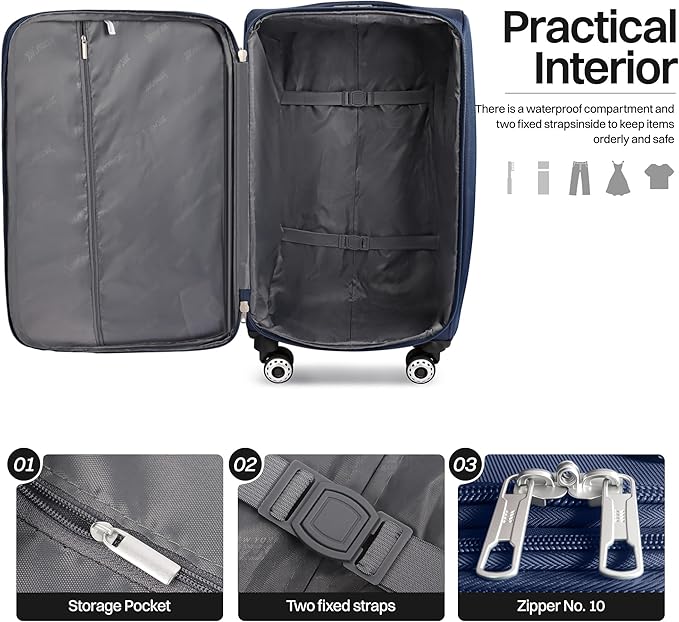 24'' Softside Expandable 15% Rolling Luggage with Double Spinner Wheels & w/LOCK,Lightweight Travel Luggage for Men Women（Navy-Grey,24in）