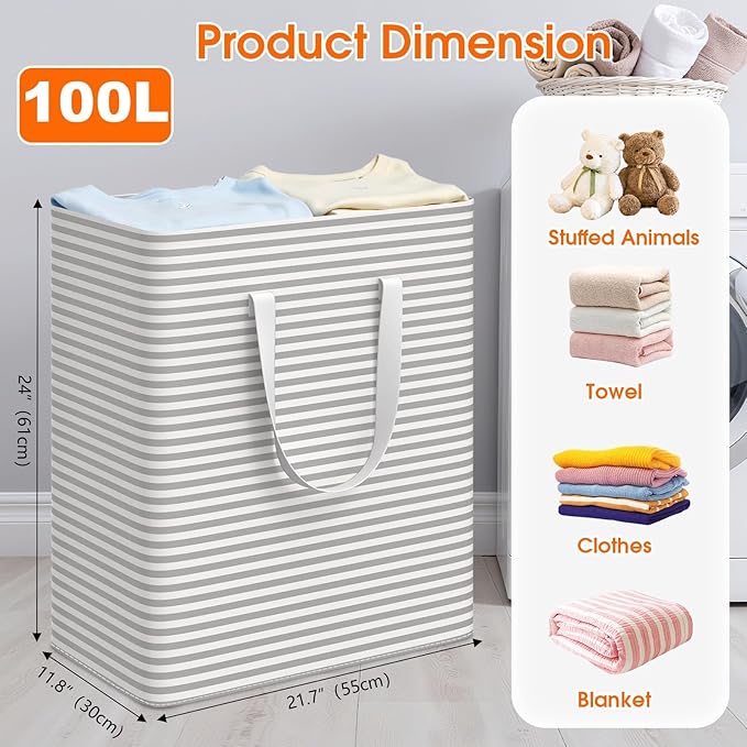 3 Pack Large Laundry Basket,Waterproof & Freestanding Laundry Hamper,Collapsible Clothes Hampers with Easy Carry Long & Reinforced Handles in Bathroom,College Dorm(100Lx3,Gray)