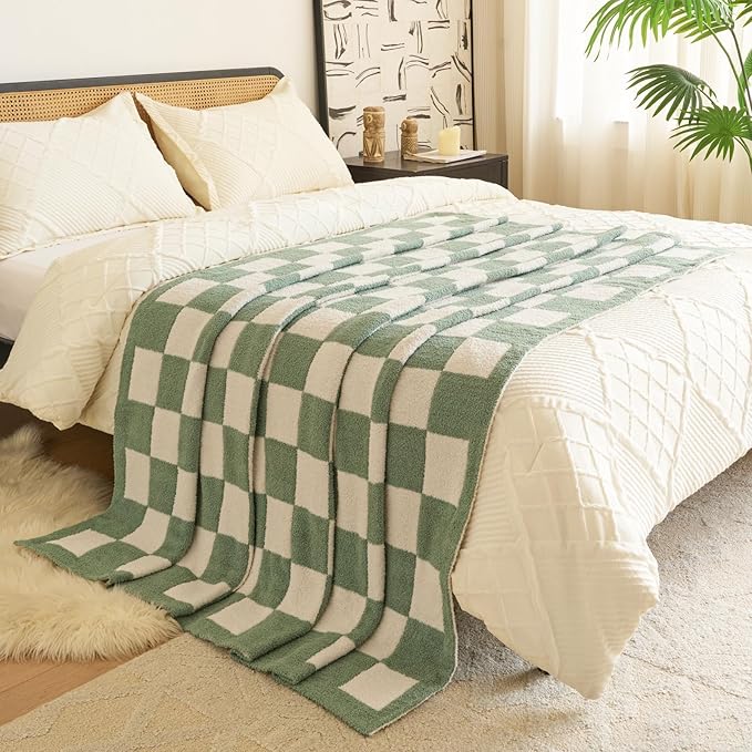 Checkered Blanket, Cozy Soft Throw Blankets for Couch Bed, Fluffy Plaid Lightweight Comfy Travel Picnic Blanket Gifts for Sofa Chair Living Room Camping (Sage Green, Throw 50"x60")