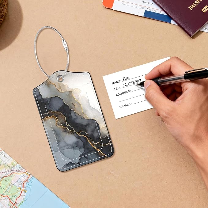2 Pack PU Leather Luggage Tags for Suitcases, Privacy Protection Cover with Stainless Steel Loop and Address Card, Travel Cruise Essentials (Black Gold Marble)
