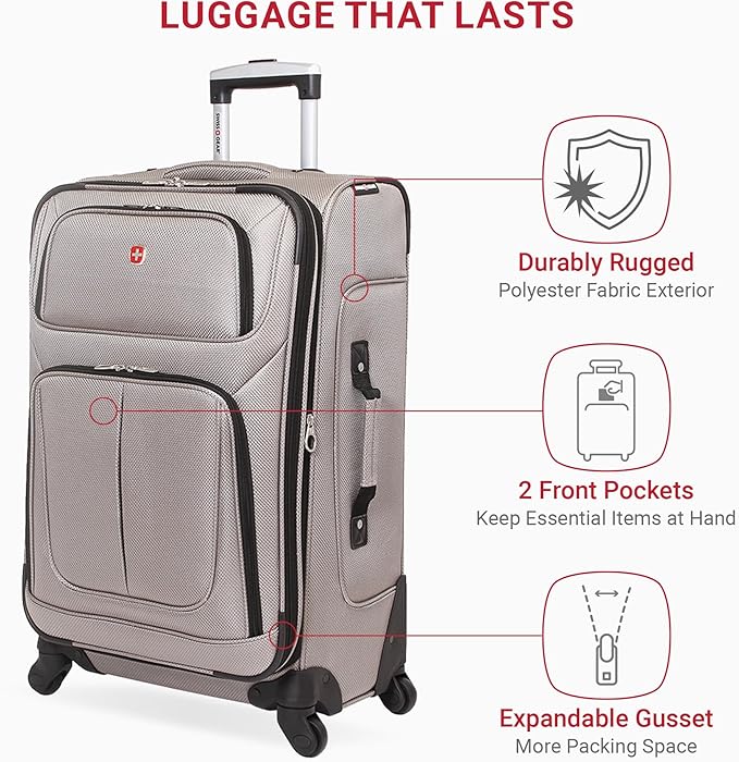 SWISSGEAR Sion Softside Expandable Spinner Luggage Durable Lightweight Travel Suitcase, Pewter, Checked-Medium 25-Inch