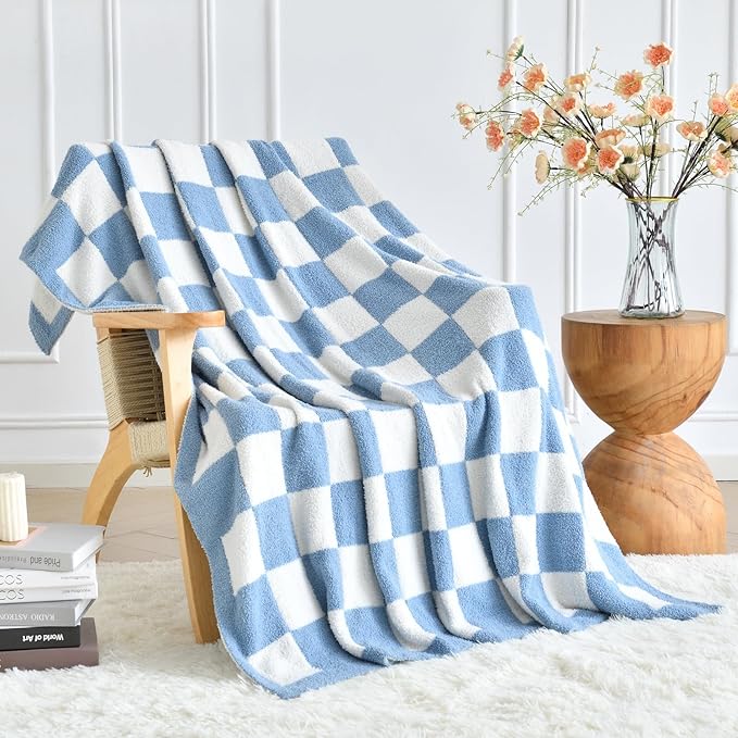 Checkered Blanket, Cozy Soft Throw Blankets for Couch Bed, Fluffy Plaid Lightweight Comfy Travel Picnic Blanket Gifts for Sofa Chair Living Room Camping (Blue, Twin 60"x80")
