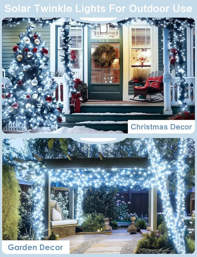 Solar String Lights Outdoor, 2Pack 80FT 200 LED Fairy Lights White | 8 Modes, Memory, Auto On/Off, IP65 Waterproof Copper Wire Twinkle Light for Garden Tree Patio Fence Wedding Christmas Decor