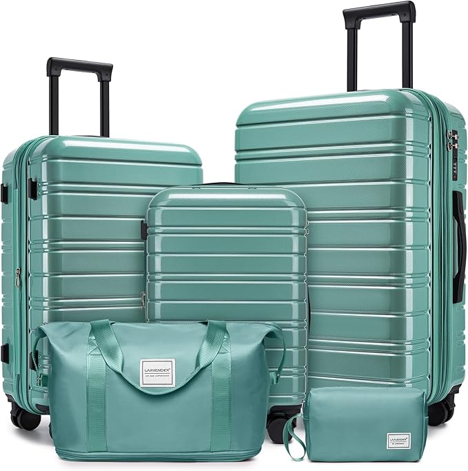 LARVENDER 5 Piece Hardside Expandable Luggage Sets with Wheels Lock, Lightweight PC+ABS Rolling Hardside Suitcase for Women and Men,Glossy Misty Blue