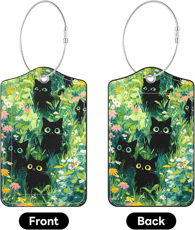 2 Pack PU Leather Luggage Tags for Suitcases, Privacy Protection Cover with Stainless Steel Loop and Address Card, Travel Cruise Essentials (Flower Black Cat)