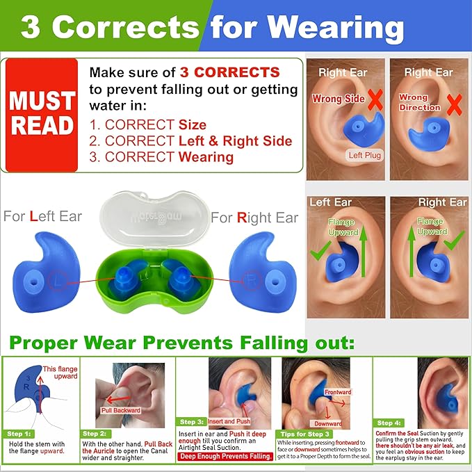 WaterDam A-Series Swimming Ear Plugs Ultra Comfy Great Waterproof Earplugs (Mixed Sizes, Size 2A+3A: Medium-Large Ear Women&Teens & Small-Medium Ear Men (Green Blue))