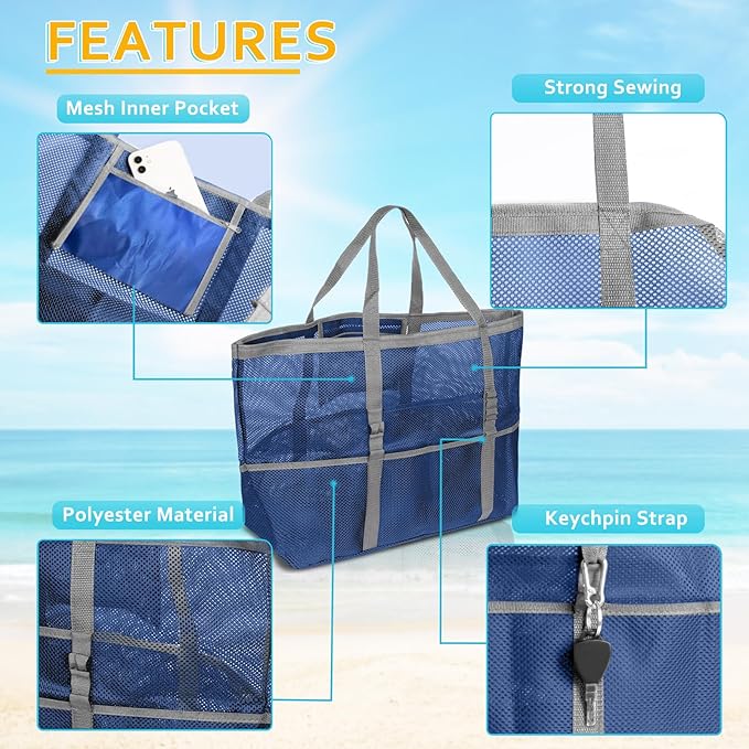 SRISE Mesh Beach Bag - Large Beach Tote Bag for Family Beach Bag for Toys & Vacation Essentials