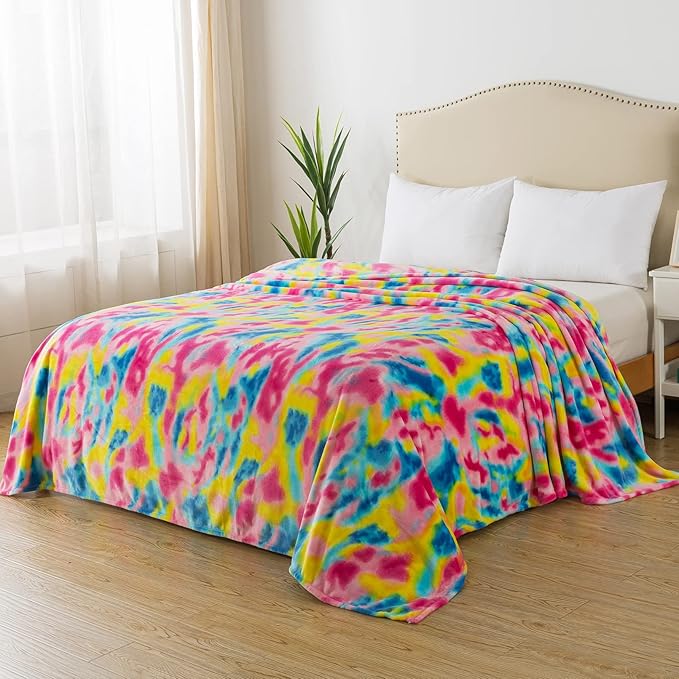 Flannel Colorful Blanket Queen Size for All Season - Premium Lightweight Anti-Static Super Soft Cozy Plush Rainbow Throw, Lightweight Microfiber Winter Warm Blanket 90" x 90"(Rainbow Queen)