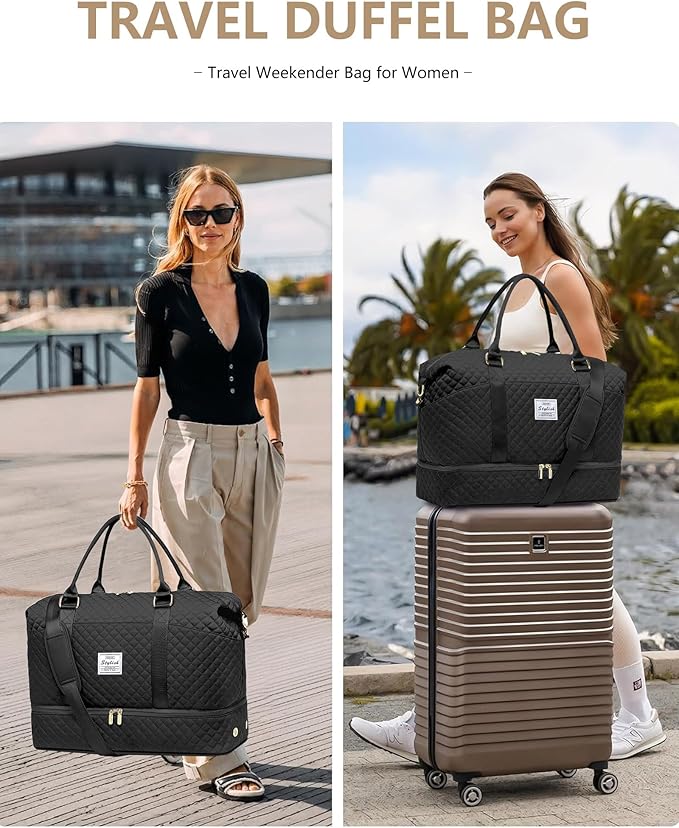 Women Overnight Weekender Bag - 40L Carry On Duffle for Airplanes with Shoe Compartment & Wet Pocket for Yoga Gym Waterproof Travel Tote with Toiletry Bag for Hospital Labor Delivery Black