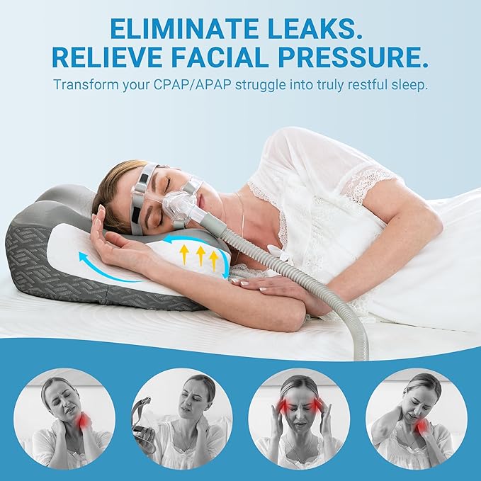 Elviros Cervical Neck Pillow for Neck Pain Relief, CPAP Pillow for Side, Back & Stomach Sleepers, Ergonomic Orthopedic Pillow for CPAP Users to Reduce Air Leaks and Mask Pressure, Dark Grey