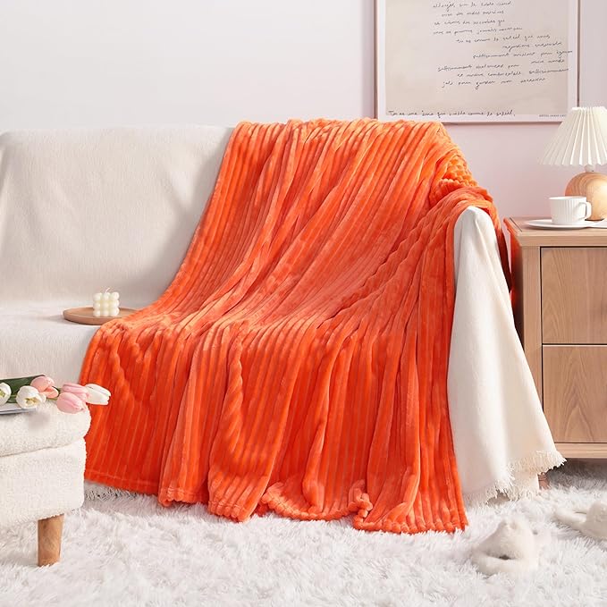 NTBAY Plush Flannel Twin Bed Blanket, 60X80 Inches Soft and Warm Lightweight Blanket with Striped Texture Bed Blanket for Couch Sofa Bed All Seasons, 60"x80", Orange