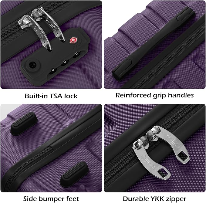 Coolife Luggage 3 Piece Set, Lightweight Durable Hardshell Suitcase set with 360° Spinner Wheels, TSA-approved Lock, Checked Family Travel Luggage sets, 20/24/28 Inch, Purple