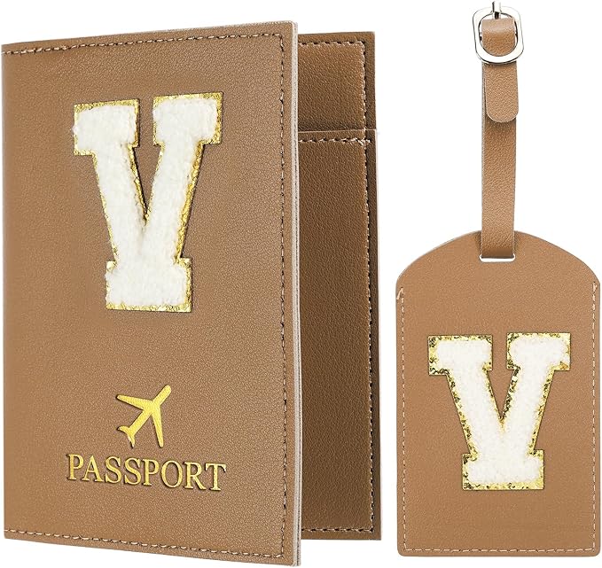 PATIKIL Passport Holder for Travel, Initial Passport Cover and Luggage Tag Set with Alphabet Chenille Letter Patch Travel Wallet Bag Suitcase Identifier for Women Family Travel Brown V