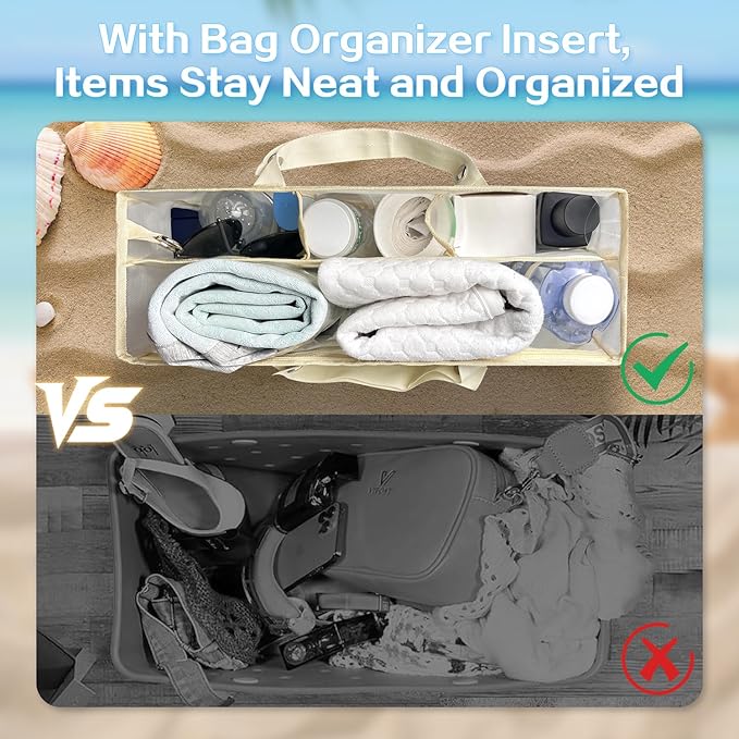 XYFuuee Beach Bag Organizer Inserts for Baby Medium Bogg Bag Accessories with 8 Removable Metal Fasteners, Lightweight Mesh Insert Divider Pouch, Organizing Rubber Tote, Save Storage Space, Khaki M
