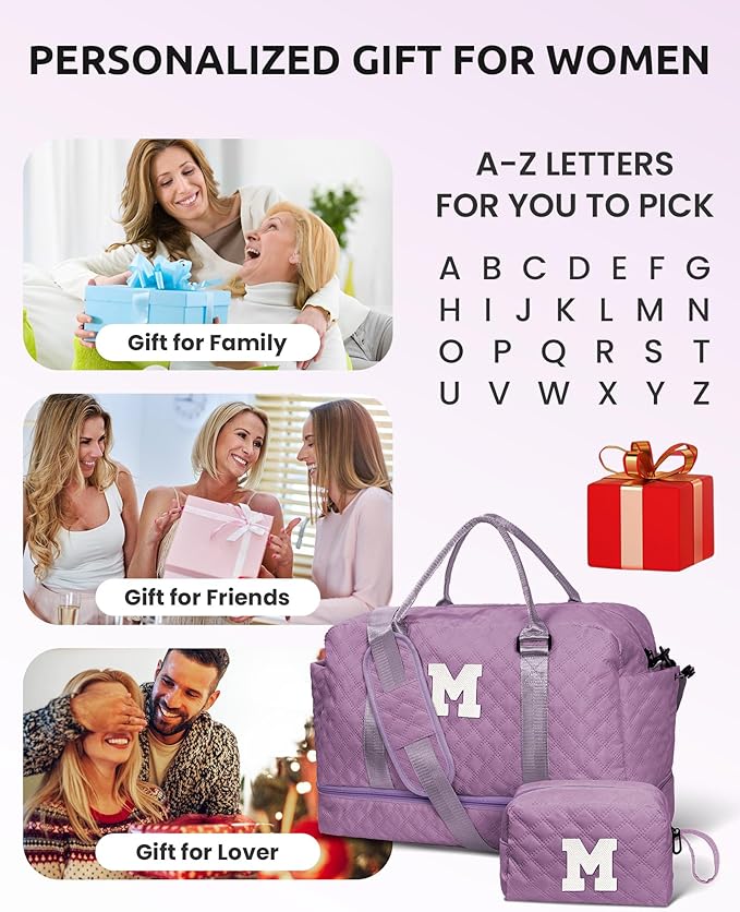 Gifts for Mom-Initial Duffle Bag with Shoe Compartment, Personalized Weekender Bag, Monogram Overnight Bag, Letter Travel Bag with Makeup Bag，Personalized Gifts Idea for Women Her (Letter F)