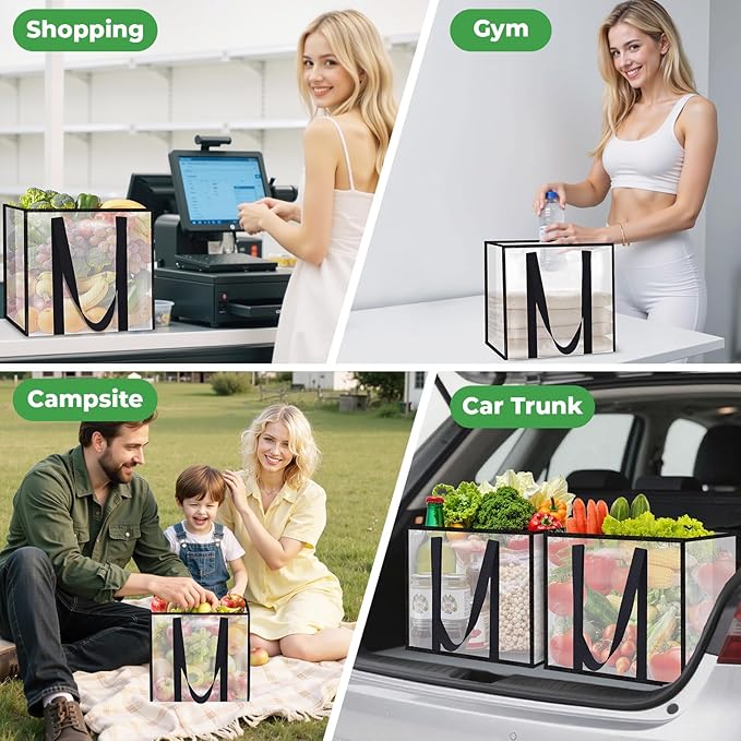 4 Pack Reusable Grocery Bags, Heavy-Duty Shopping Bags with Sturdy Handles, Water-Resistant & Foldable Organizer, Shopping Bags for Groceries, Market, Car Trunk, Multi-Purpose, 33L