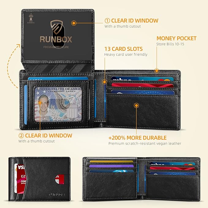 RUNBOX Wallet for Men Slim Rfid Leather 2 ID Window With Gift Box | Slim, Rfid, 2 ID Window, With Gift Box, Slim, Rfid
