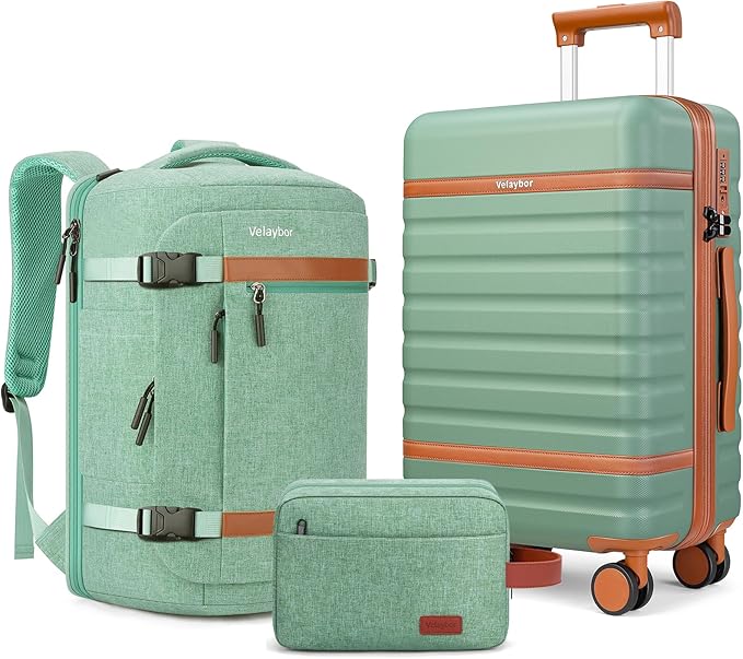 Luggage Sets 3 Piece with Spinner Wheels, Lightweight PC Hardside Suitcase with TSA Lock & YKK Zippers, 20 Inch Carry On Luggage with Travel Bag for Men and Women, Green