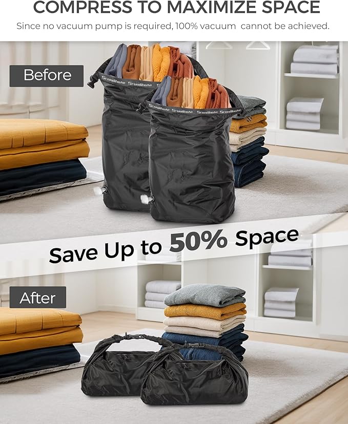 Travel Laundry Bag, Pump-Free Vacuum Compression Dirty Clothes Bag, Reusable Waterproof & Washable Laundry Bag, Wet and Dry Bag, Ideal for Suitcases, Road Trip Essentials (2 Pcs, M+L) Black