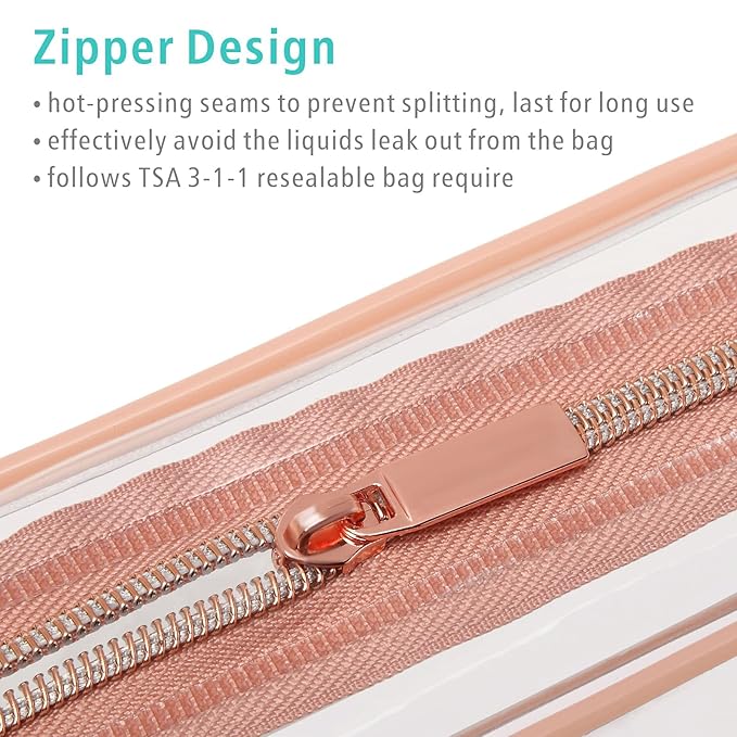 F-color TSA Approved Toiletry Bag 3 Pack Medium - Clear Makeup Bag Travel Quart Size for Women Men, Clear Cosmetic Bag Airport Airline Compliant Carry on Bag, Active Rose Pink