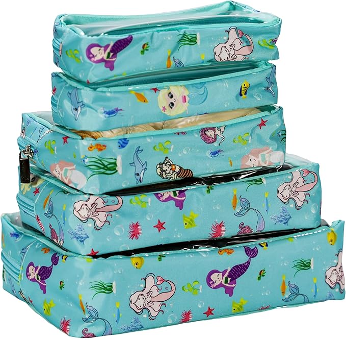 TSA Approved 5-Piece Diaper Bag Organizer Pouch Set Clear Waterproof TPU Kids Toiletry Storage Set Travel Packing Clutch Cube Bags for Baby Nursing(Mermaid)