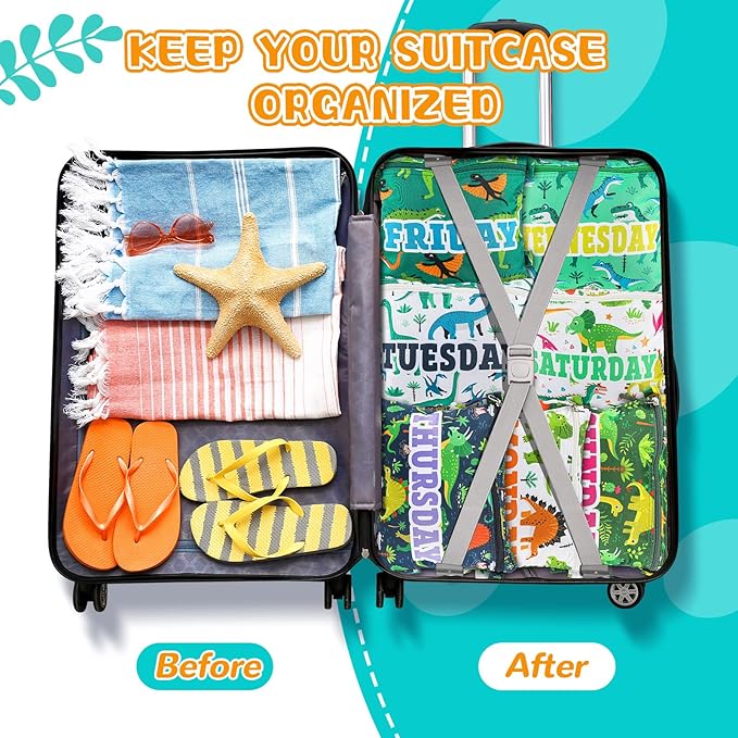 Paterr 7 Pcs Packing Cubes for Travel Kids Day of Week Compression Packing Bags Colorful Luggage Suitcase Organizers Bag for Travel (Dinosaur)