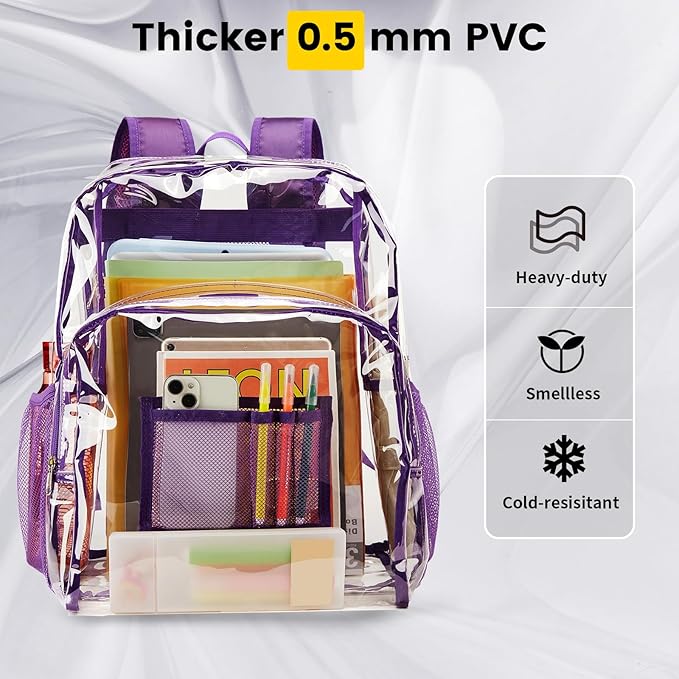 Vorspack Clear Backpack Heavy Duty PVC Transparent Backpack Extra Large Clear Backpacks with Reinforced Strap for College Workplace Security - Purple
