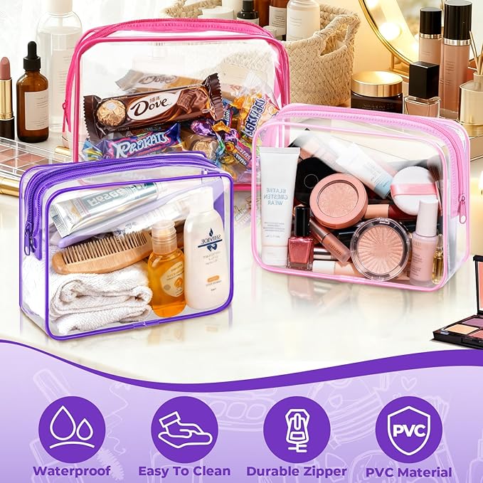 6 Pieces Clear Makeup Bags Bulk TSA Approved Toiletry Bag for Travel PVC Waterproof Clear Cosmetic Pouch with Zipper for Men and Women Carry-on Travel Essentials (Purple)