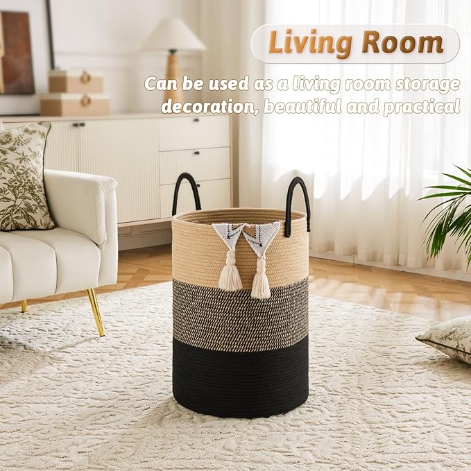 Laundry Basket,Woven Cotton Rope Laundry Hamper,80L for Decorative Storage of Dirty Clothes,Toys and Blankets in Bathroom,Bedroom and Living Room