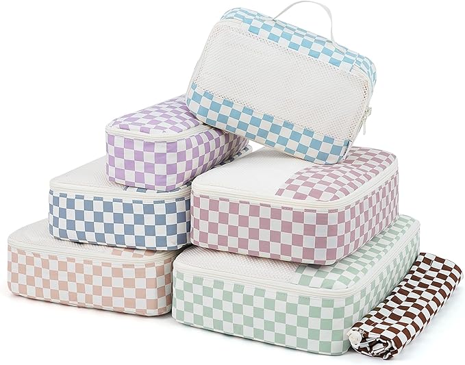 Narwey 7 Set Checkered Packing Cubes for Travel Kids Women, Durable Packing Organizer Bags for Carry on Suitcase Luggage Travel Essentials Accessories (Combined Checkerboard)
