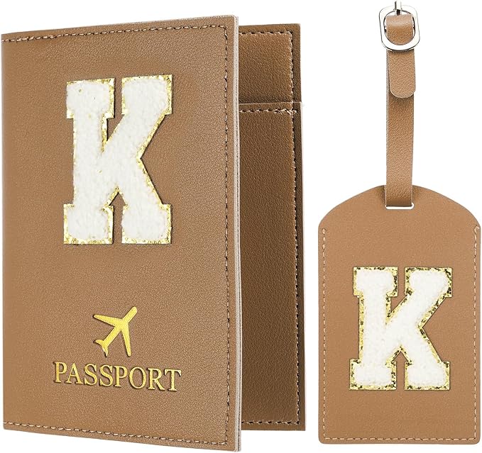 PATIKIL Passport Holder for Travel, Initial Passport Cover and Luggage Tag Set with Alphabet Chenille Letter Patch Travel Wallet Bag Suitcase Identifier for Women Family Travel Brown K