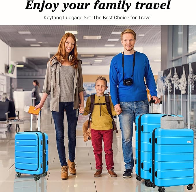 SmileLine 3-Piece Luggage Set Lightweight Hardside Suitcase TSA Lock Spinner Wheels, 20" Expandable Carry-On Luggage with Quick Access Front Open Pocket, Bonus Makeup Bag,Blue