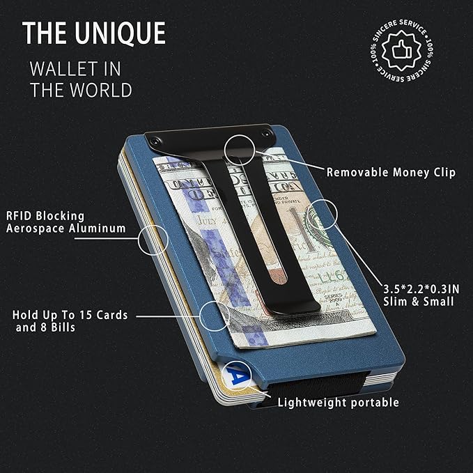 Carbon Fiber Minimalist Wallet for Men Credit Card Holder Money Clip & Cash Strap Slim RFID Mens Wallets-Matt Blue