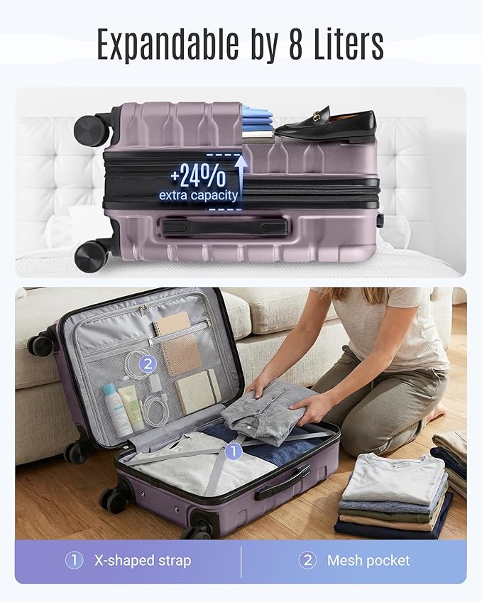 LIGHT FLIGHT Carry On Luggage 22x14x9 Airline Approved, Expandable Carry On Suitcases with Wheels, Lightweight Luggage, Durable Hard Shell 20 Inch Rolling Suit Case for Men Women Travel,Rose Purple