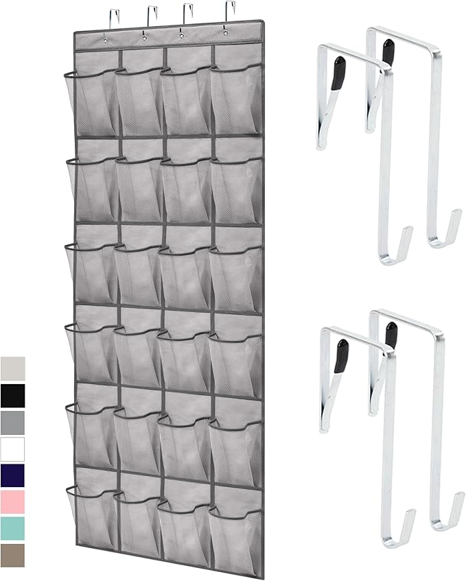GORILLA GRIP Over the Door Shoe Organizer, 24 Large Breathable Mesh Pockets, Space Saving Hanging Storage Holder, Closet Rack Hanger Holds Up to 40 lbs, Hangs on Closets for Shoes, Accessories, Grey