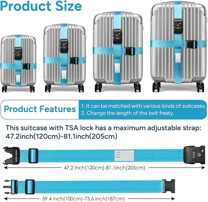 Travel Inspira Luggage Straps with TSA Lock, 2 Pack TSA Approved Suitcase Belt, Heavy Duty Adjustable Cross Design for Added Security, Easy Spot Blue Travel Accessory with ID Tag for 20-32" Bag