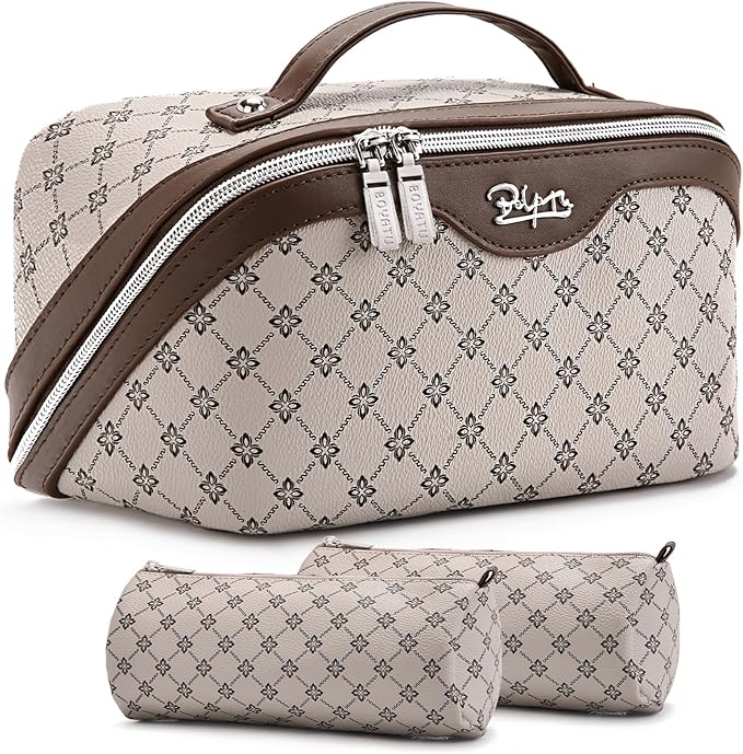 BOYATU Travel Makeup Bag Cosmetic Bags for Women: 3 Pcs Set Large Capacity Make up Bag with Handle - Vegan Leather Toiletry Bags with Compartments - Makeup Organizer for Travel Essentials(A-2-Khaki)