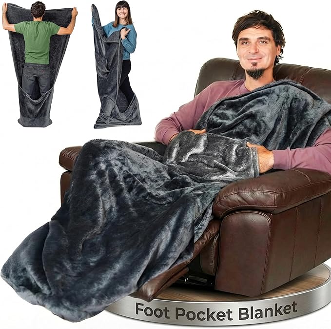 Fleece Lightweight Foot Pocket Blanket -Patent Pending- Dorm Gamer Useful Gifts - TV Throw - Gift for Men Who Wants Nothing (Fleece, Velvet Anthracite)