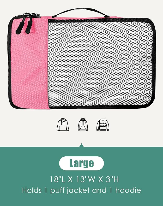 4-Piece Packing Cubes Travel Accessories Set for Suitcases - Luggage Organizer Bags with Double Zipper - Mesh Top - Large - Pink