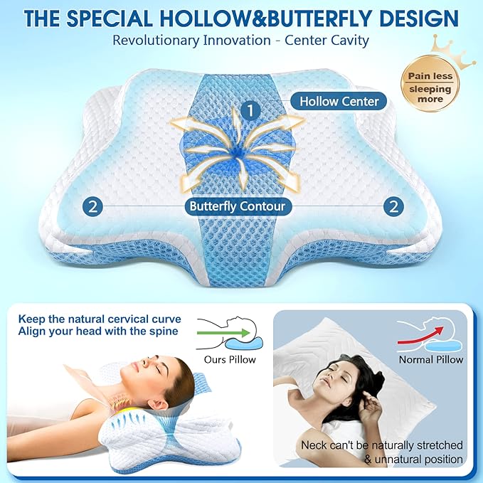Memory Foam Pillows, Cervical Pillow for Neck and Shoulder Pain Relief, Ergonomic Contour Bed Pillow, Soft for Side Sleep Stomach Sleeping and Back Sleeper-Queen Size & Light Blue