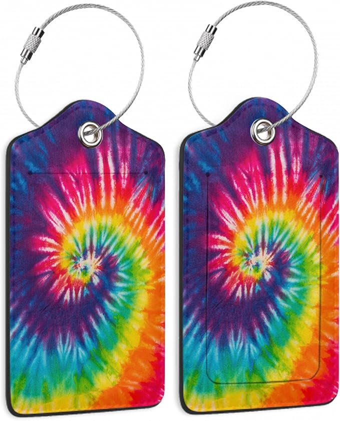Tie Dye Luggage Tag,Colorful Rainbow Luggage Tags of Set 2 Leather Identifiers Privacy Cover with Stainless Steel Loop for Women Men Travel Bag Suitcase