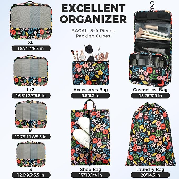 BAGAIL 9 Set Packing Cubes with Packing List Luggage Packing Organizers for Travel Accessories