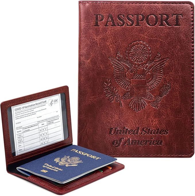 Passport Holder Cover Wallet Case RFID Blocking Leather Card Slot Travel Accessories Documents Organizer Protector for Women Men, Brown
