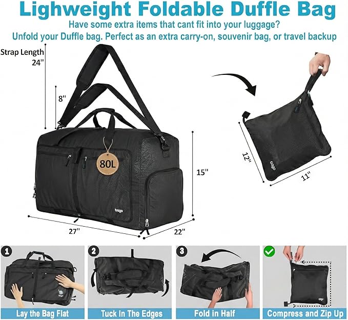 Bago Large Duffle Bag for Travel Women & Men. Durable Lightweight Foldable Travel Duffel Bags For Traveling Women. 80L Duffle Bags For Overnight Bag With Shoe Compartment Collapsible Weekender duffel