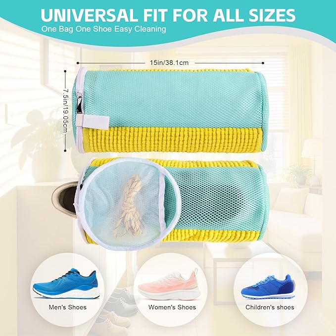 Shoe Washing Machine Bag Reusable Sneaker Washing Bag with Built-in Fluffy Brushes for 360° All-Around Cleaning. Laundry Shoe Bag is Designed for Washer and Dryer （Yellow 2pcs Pro）