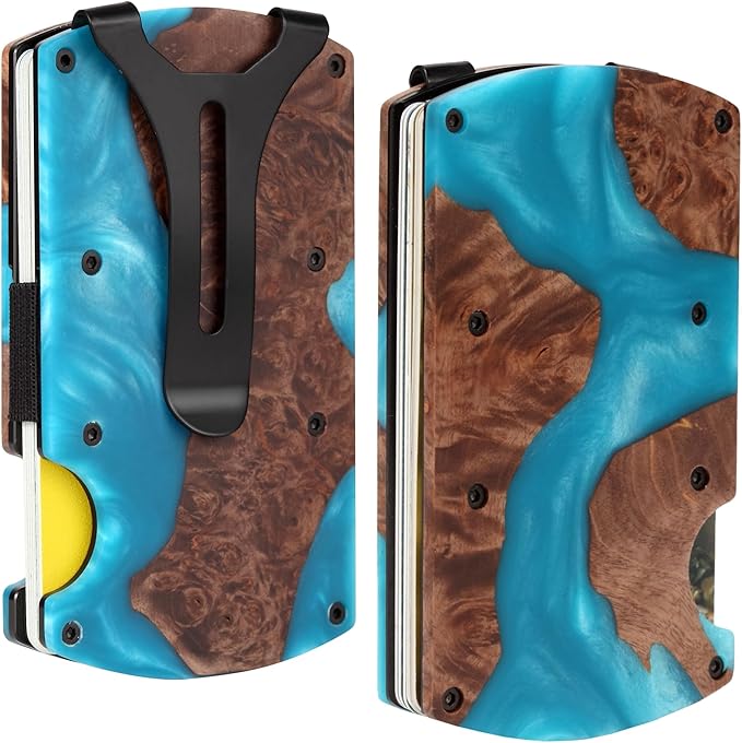 Carbon Fiber Minimalist Wallet for Men Credit Card Holder Money Clip & Cash Strap Slim RFID Mens Wallets,Resin Natural Walnut Wood,Unique Pattern,Light Blue